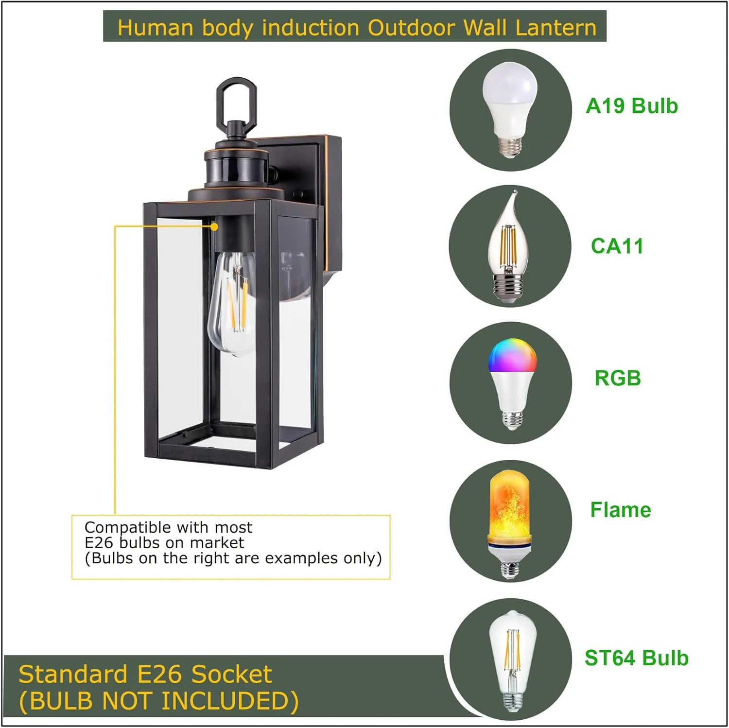 GRUENLICH Dusk to Dawn Outdoor Wall Lantern, PIR Motion Sensor Wall Sconce, E26 Base Max 60W, Metal Housing Plus Glass, Bulb Not Included, 2-Pack
