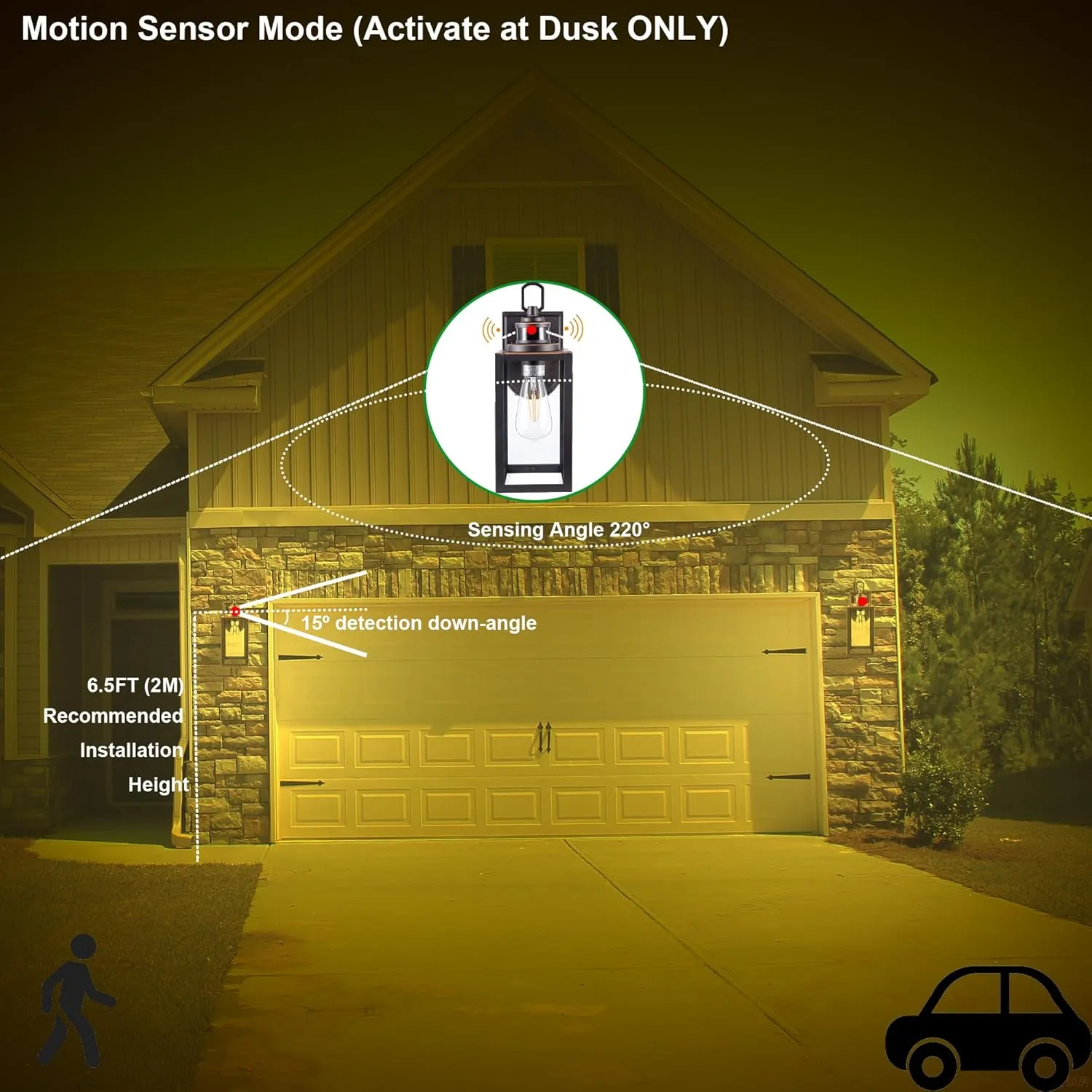 GRUENLICH Dusk to Dawn Outdoor Wall Lantern, PIR Motion Sensor Wall Sconce, E26 Base Max 60W, Metal Housing Plus Glass, Bulb Not Included, 2-Pack