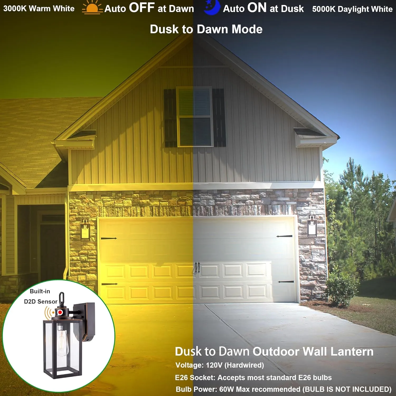 GRUENLICH Dusk to Dawn Outdoor Wall Lantern, PIR Motion Sensor Wall Sconce, E26 Base Max 60W, Metal Housing Plus Glass, Bulb Not Included, 2-Pack