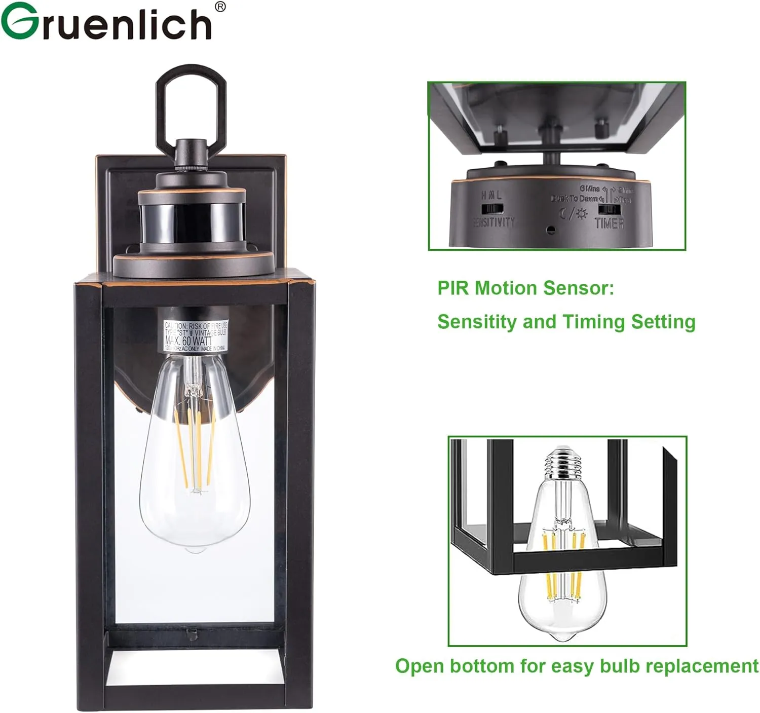 GRUENLICH Dusk to Dawn Outdoor Wall Lantern, PIR Motion Sensor Wall Sconce, E26 Base Max 60W, Metal Housing Plus Glass, Bulb Not Included, 2-Pack