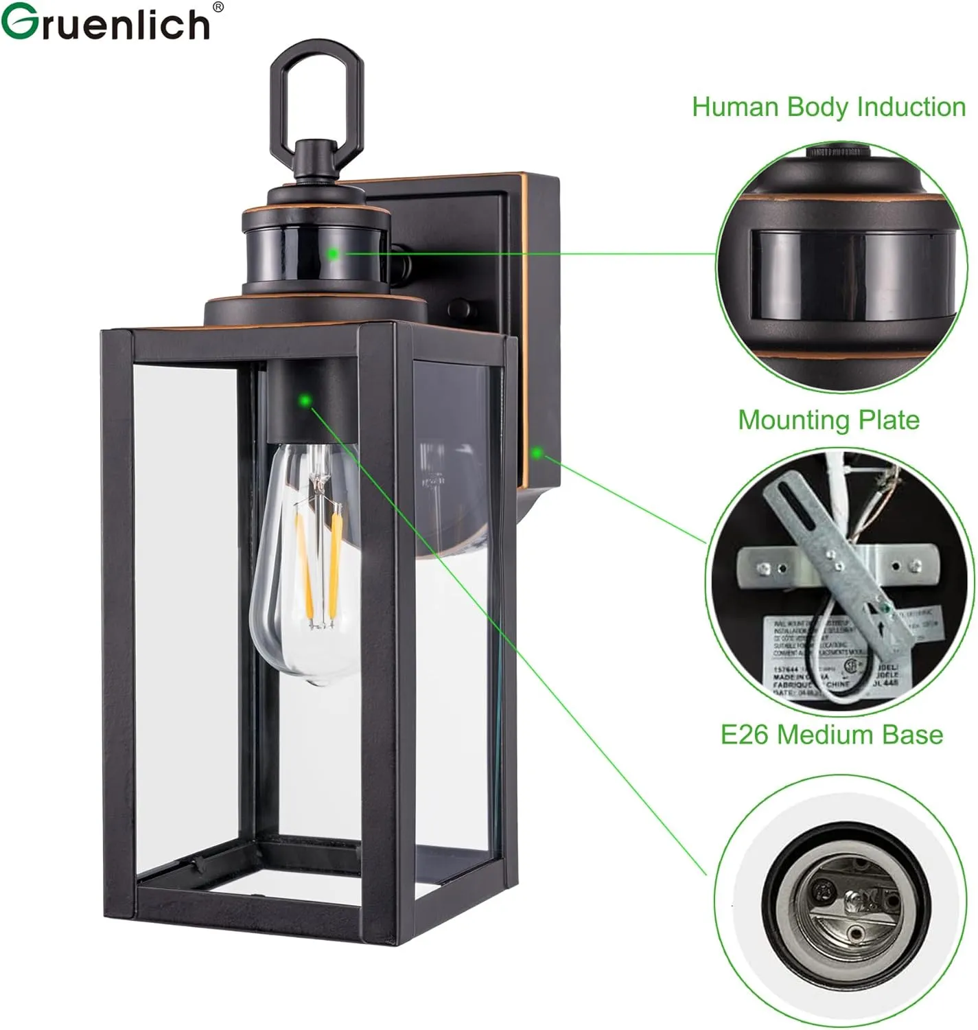 GRUENLICH Dusk to Dawn Outdoor Wall Lantern, PIR Motion Sensor Wall Sconce, E26 Base Max 60W, Metal Housing Plus Glass, Bulb Not Included, 2-Pack