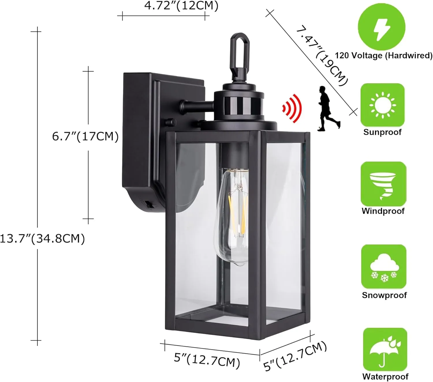 GRUENLICH Dusk to Dawn Outdoor Wall Lantern, PIR Motion Sensor Wall Sconce, E26 Base Max 60W, Metal Housing Plus Glass, Matte Black Finish, Bulb Not Included, 2-Pack