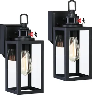 GRUENLICH Dusk to Dawn Outdoor Wall Lantern, PIR Motion Sensor Wall Sconce, E26 Base Max 60W, Metal Housing Plus Glass, Matte Black Finish, Bulb Not Included, 2-Pack