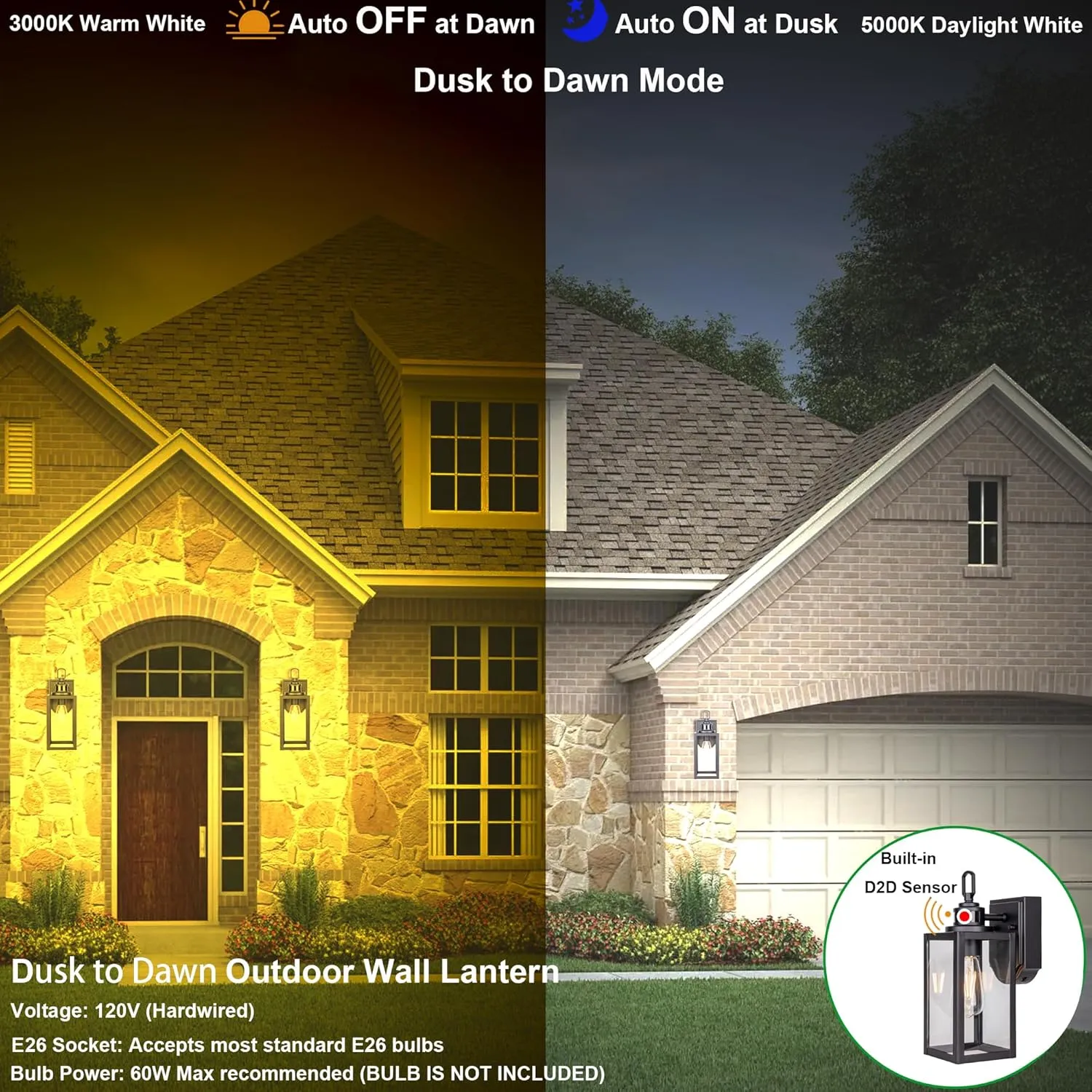 GRUENLICH Dusk to Dawn Outdoor Wall Lantern, PIR Motion Sensor Wall Sconce, E26 Base Max 60W, Metal Housing Plus Glass, Matte Black Finish, Bulb Not Included, 2-Pack