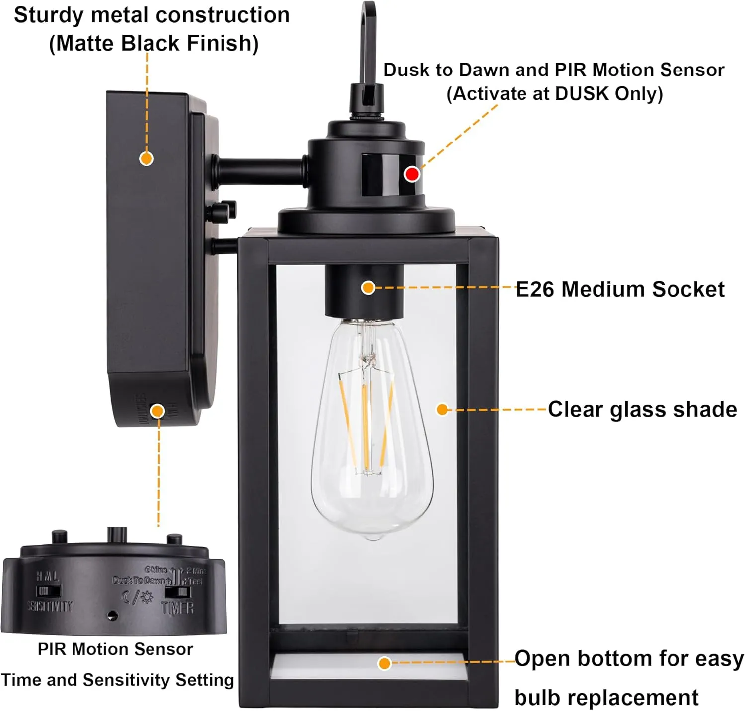 GRUENLICH Dusk to Dawn Outdoor Wall Lantern, PIR Motion Sensor Wall Sconce, E26 Base Max 60W, Metal Housing Plus Glass, Matte Black Finish, Bulb Not Included, 2-Pack