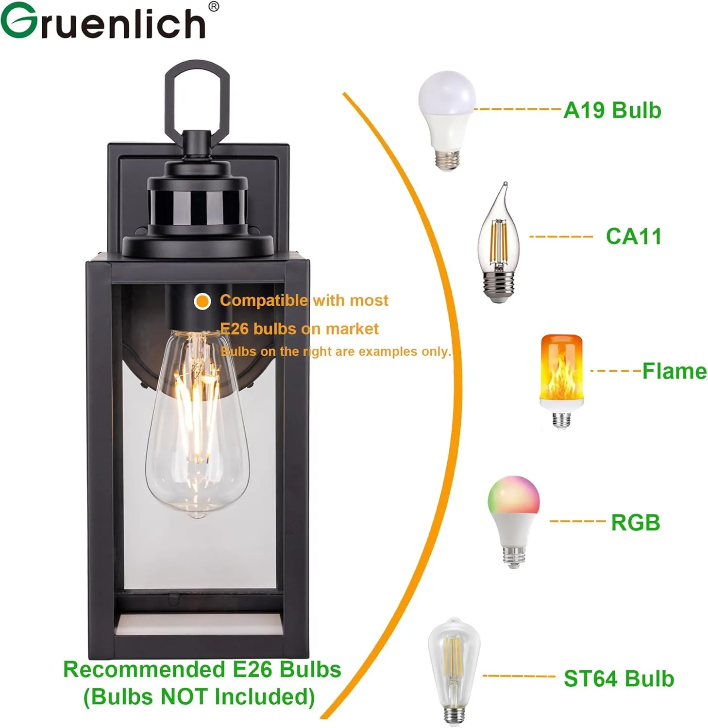 GRUENLICH Dusk to Dawn Outdoor Wall Lantern, PIR Motion Sensor Wall Sconce, E26 Base Max 60W, Metal Housing Plus Glass, Matte Black Finish, Bulb Not Included, 2-Pack