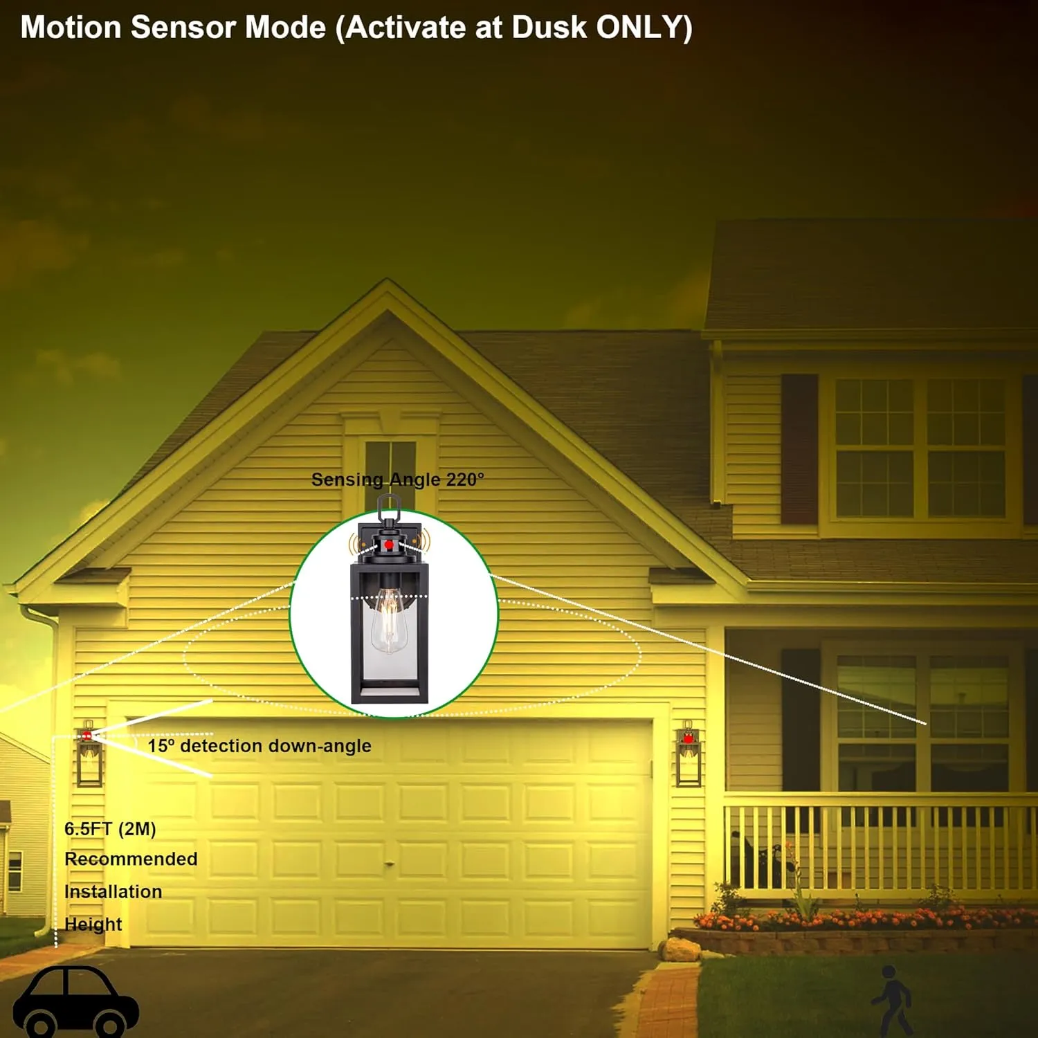 GRUENLICH Dusk to Dawn Outdoor Wall Lantern, PIR Motion Sensor Wall Sconce, E26 Base Max 60W, Metal Housing Plus Glass, Matte Black Finish, Bulb Not Included, 2-Pack