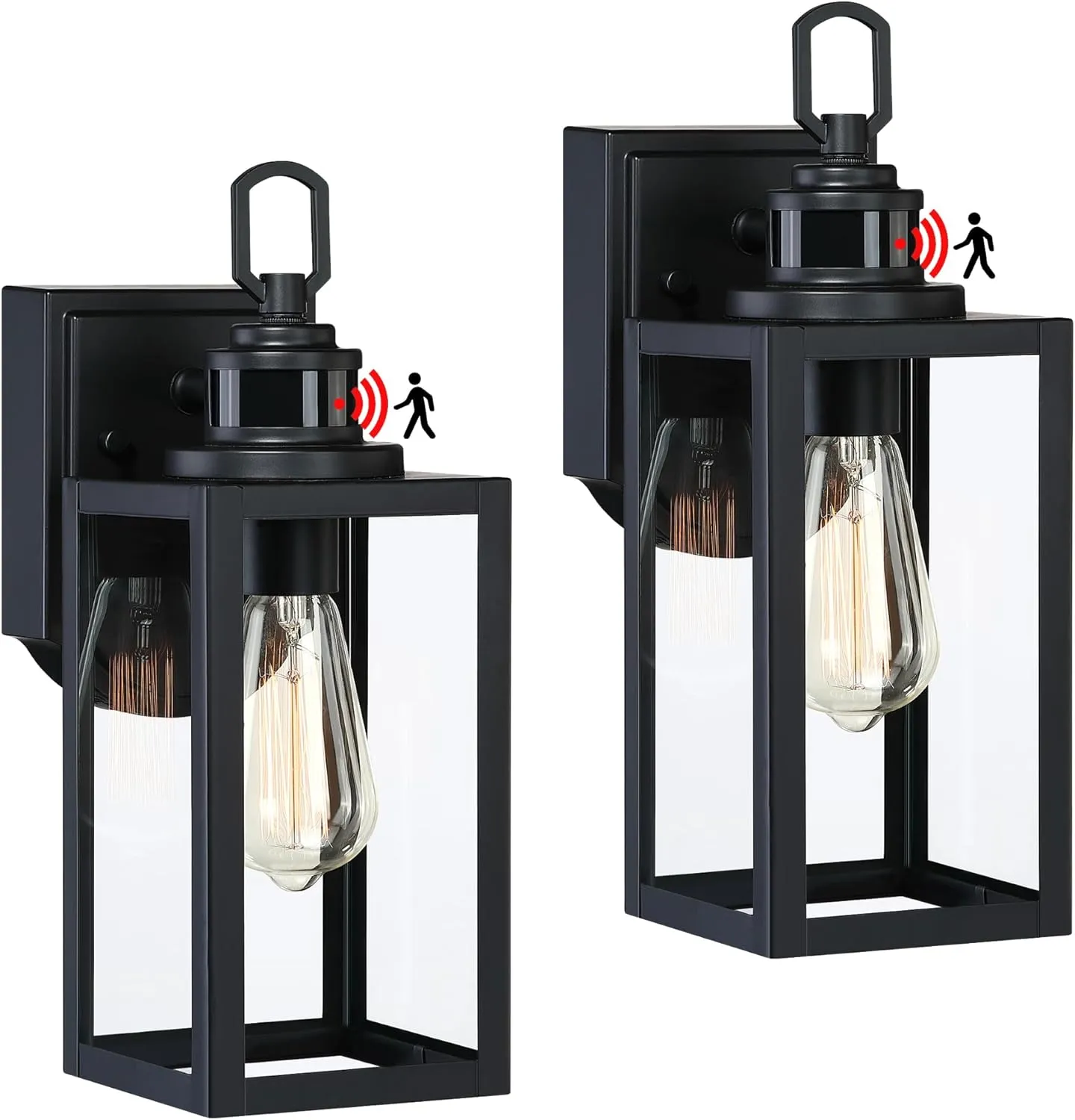 GRUENLICH Dusk to Dawn Outdoor Wall Lantern, PIR Motion Sensor Wall Sconce, E26 Base Max 60W, Metal Housing Plus Glass, Matte Black Finish, Bulb Not Included, 2-Pack