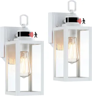GRUENLICH Dusk to Dawn Outdoor Wall Lantern, PIR Motion Sensor Wall Sconce, E26 Base Max 60W, Metal Housing Plus Glass, White Finish, Bulb Not Included, 2-Pack