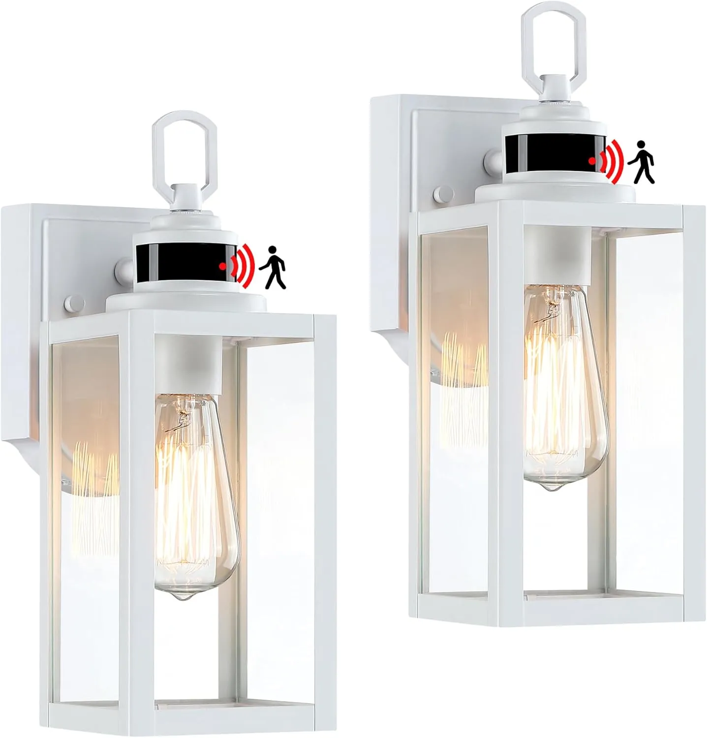 GRUENLICH Dusk to Dawn Outdoor Wall Lantern, PIR Motion Sensor Wall Sconce, E26 Base Max 60W, Metal Housing Plus Glass, White Finish, Bulb Not Included, 2-Pack