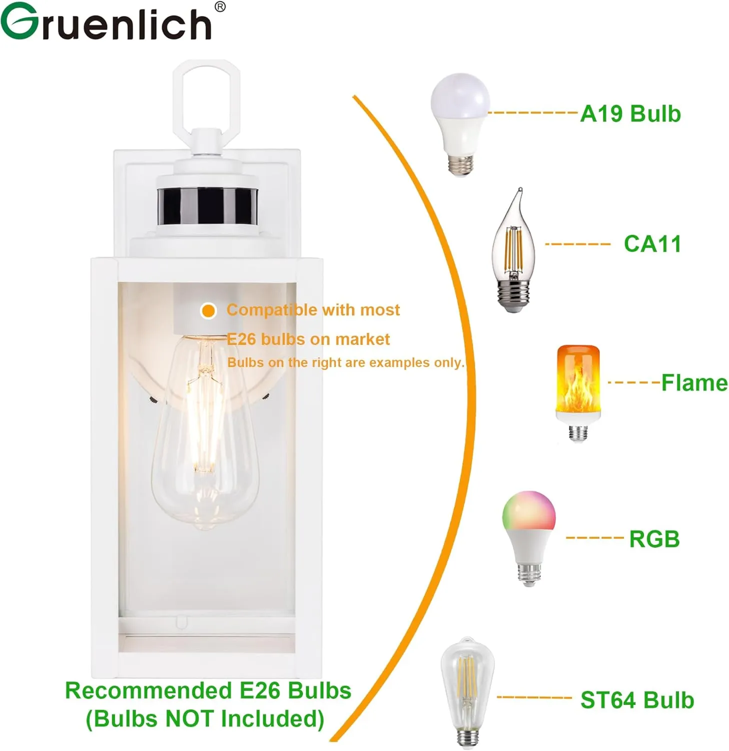 GRUENLICH Dusk to Dawn Outdoor Wall Lantern, PIR Motion Sensor Wall Sconce, E26 Base Max 60W, Metal Housing Plus Glass, White Finish, Bulb Not Included, 2-Pack
