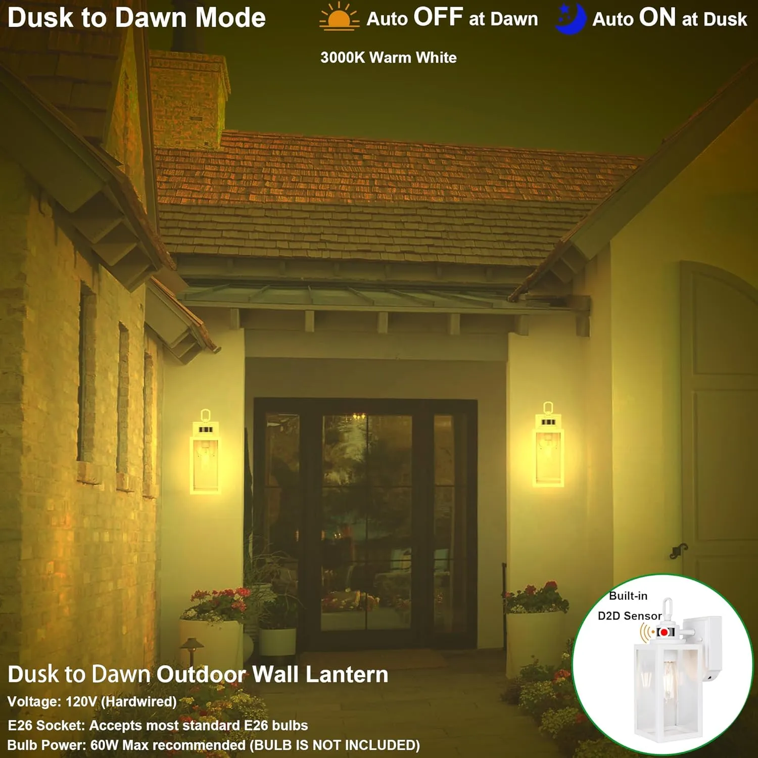 GRUENLICH Dusk to Dawn Outdoor Wall Lantern, PIR Motion Sensor Wall Sconce, E26 Base Max 60W, Metal Housing Plus Glass, White Finish, Bulb Not Included, 2-Pack