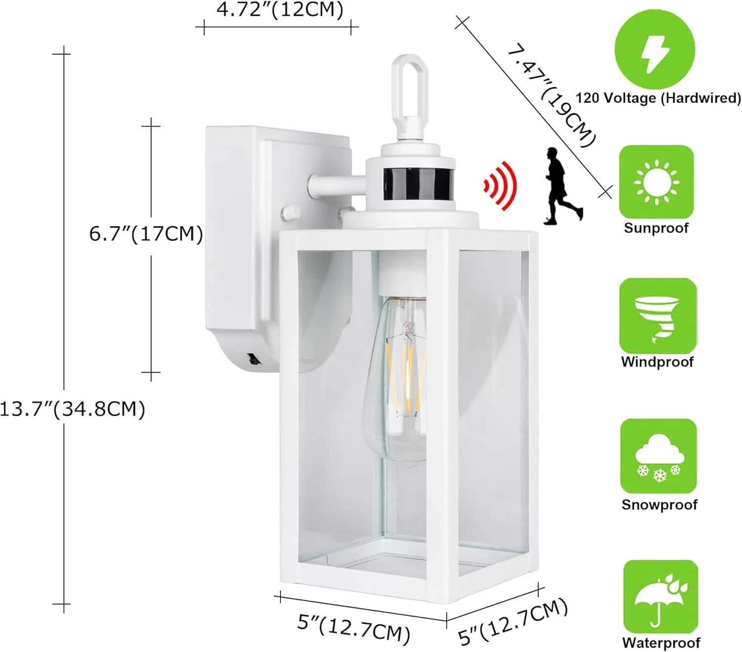 GRUENLICH Dusk to Dawn Outdoor Wall Lantern, PIR Motion Sensor Wall Sconce, E26 Base Max 60W, Metal Housing Plus Glass, White Finish, Bulb Not Included, 2-Pack