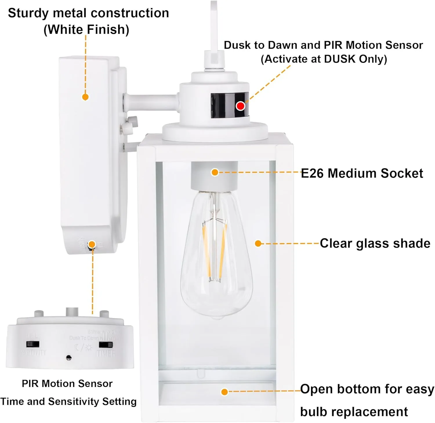 GRUENLICH Dusk to Dawn Outdoor Wall Lantern, PIR Motion Sensor Wall Sconce, E26 Base Max 60W, Metal Housing Plus Glass, White Finish, Bulb Not Included, 2-Pack