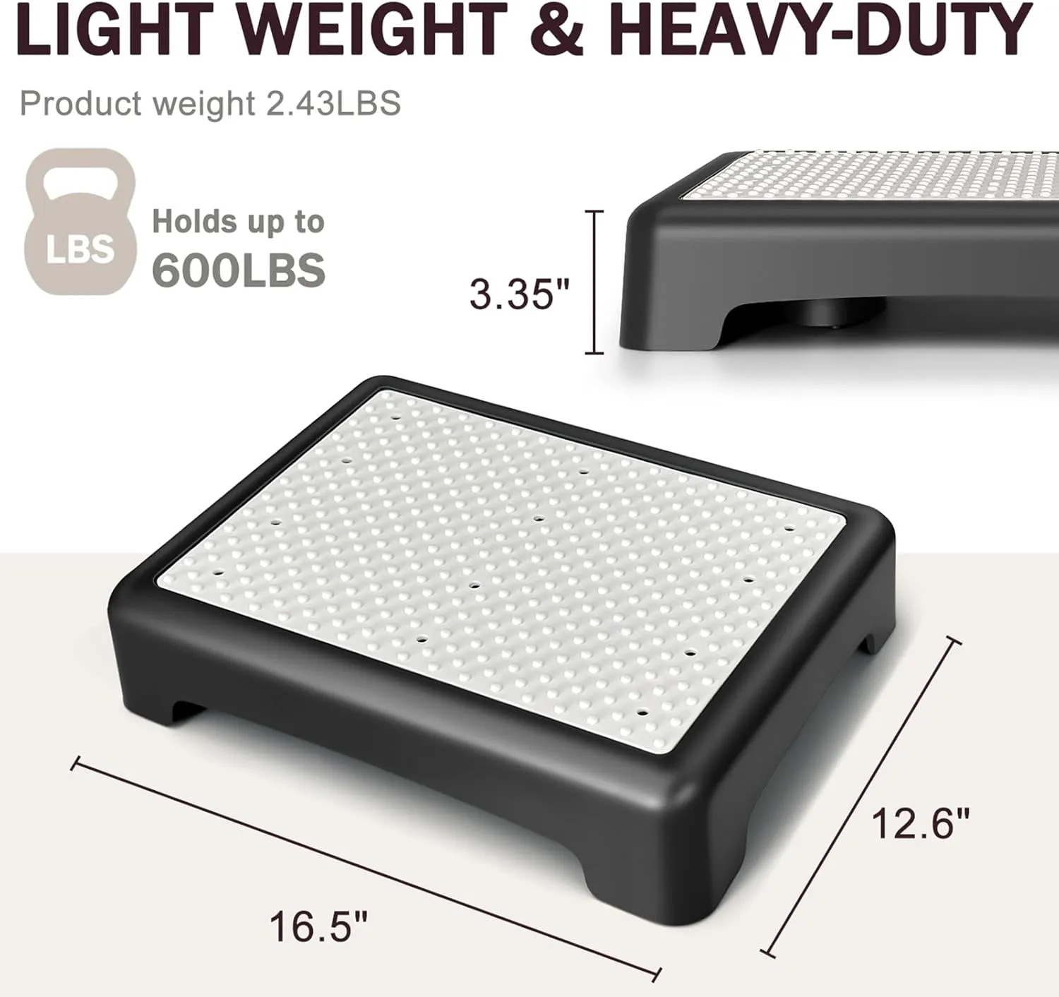 GWNF3.35'' Step Stool – 600lb Capacity Sturdy Lightweight Non-Slip Step Stools for Seniors, Kids & Adults | Wide Mobility Step Stool for Bedside, Car, Kitchen, Bathroom & Daily Use（Black-Grey）