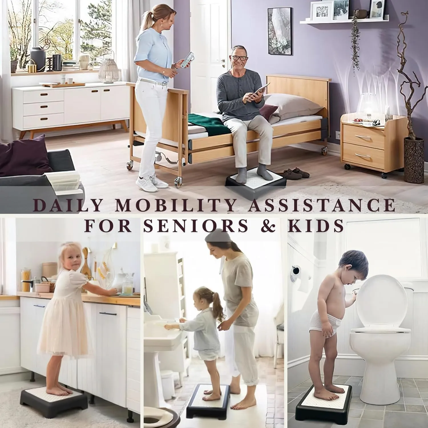 GWNF3.35'' Step Stool – 600lb Capacity Sturdy Lightweight Non-Slip Step Stools for Seniors, Kids & Adults | Wide Mobility Step Stool for Bedside, Car, Kitchen, Bathroom & Daily Use（Black-Grey）
