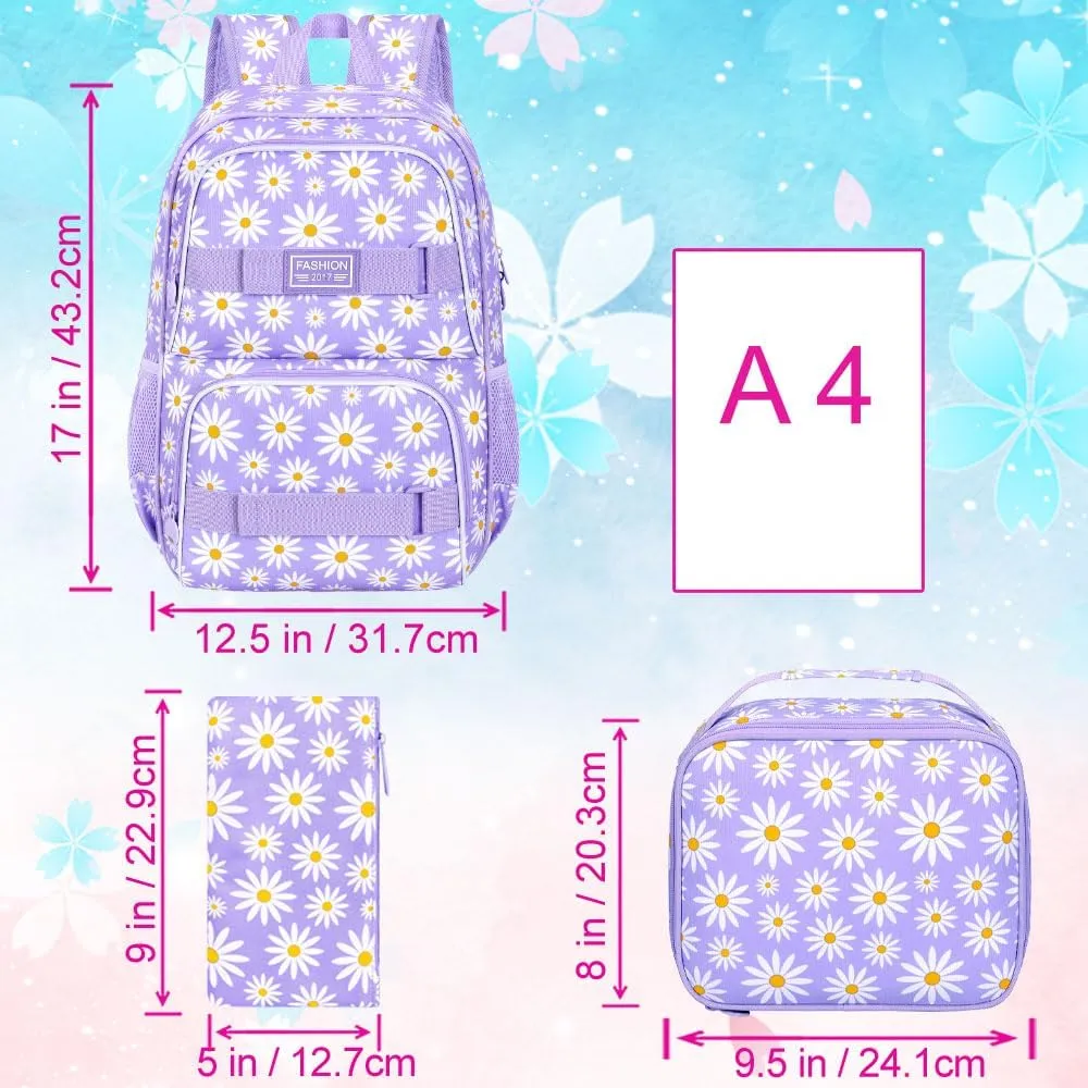 gxtvo 3PCS Girls Backpack, Water Resistant Womens School Bag With Lunch Box, 17 Inch Bookbag Set for College Teenagers.