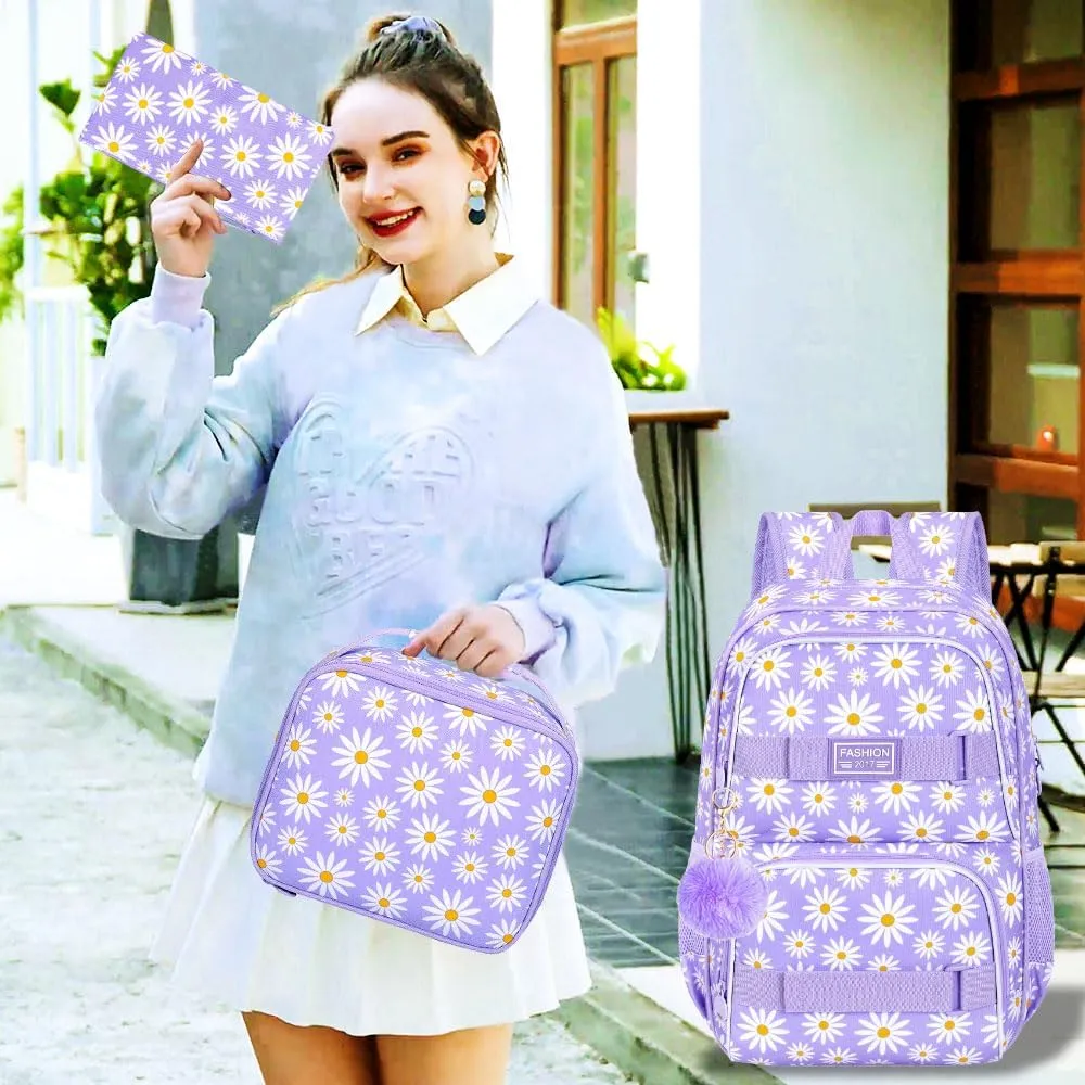 gxtvo 3PCS Girls Backpack, Water Resistant Womens School Bag With Lunch Box, 17 Inch Bookbag Set for College Teenagers.