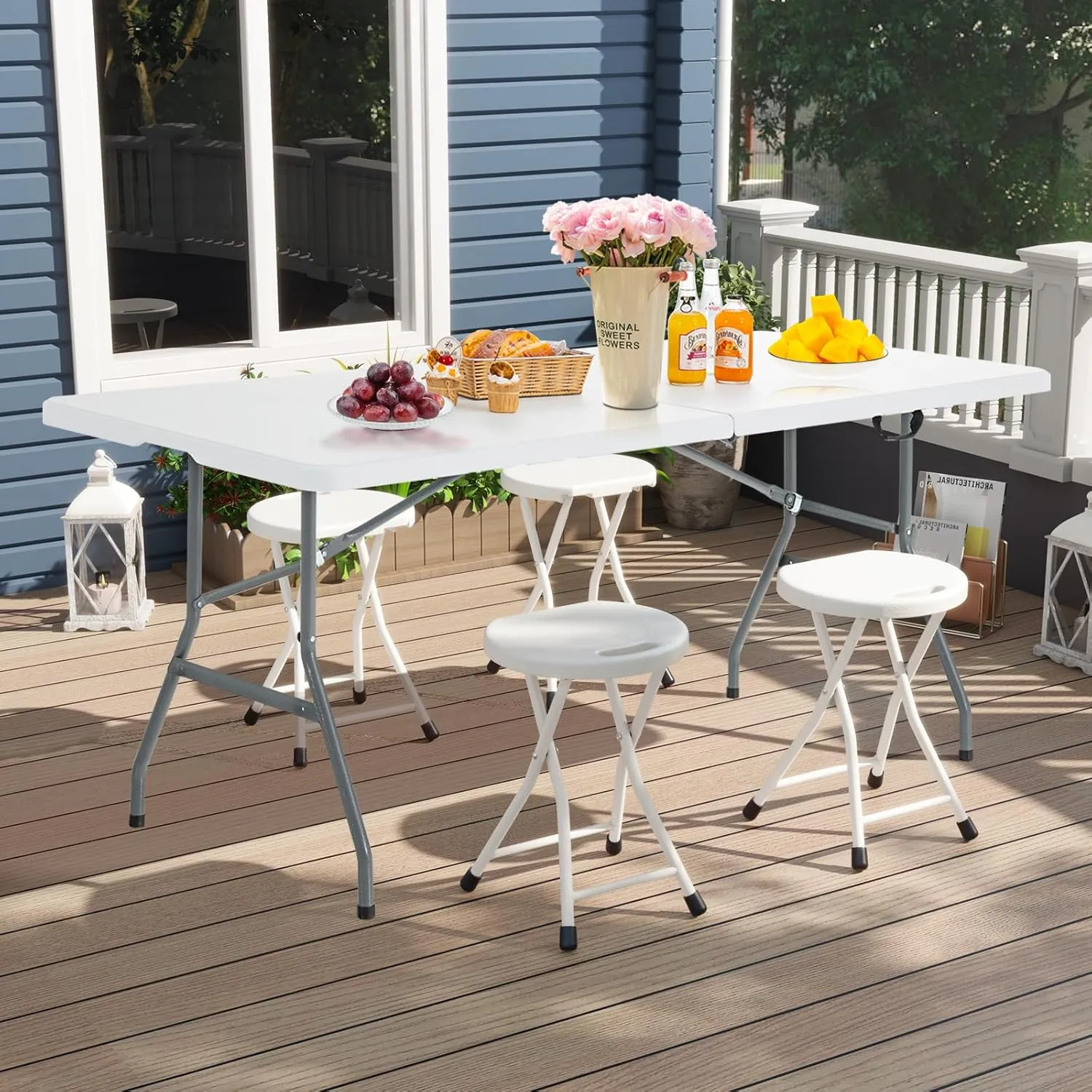 GYMAX Folding Stool, 18in Portable Collapsible Bar Stool with Handle & Steel Frame, 440lbs Sturdy Foldable Lightweight Metal Chair for Outdoor/Indoor Kitchen Home Bar, Assembly Free