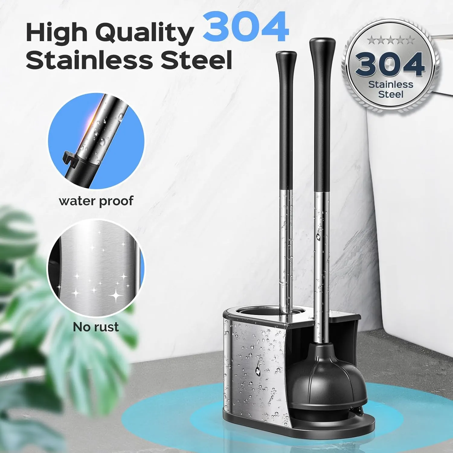 HAMITOR Toilet Plunger and Brush Set: 2 Pack 2 in 1 Stainless Steel Rustproof Combo with Curved Bristles - Heavy Duty Toilet Unclogging for Family Bathroom - Compact Apartment Cleaning Accessories