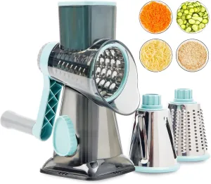 Hand Crank Cheese Grater, Kitchen Mandoline Vegetable Slicer with 3 Interchangeable Blades, Easy to Clean Cheese Grater for Parmesan, Nuts, Vegetables, Chocolate