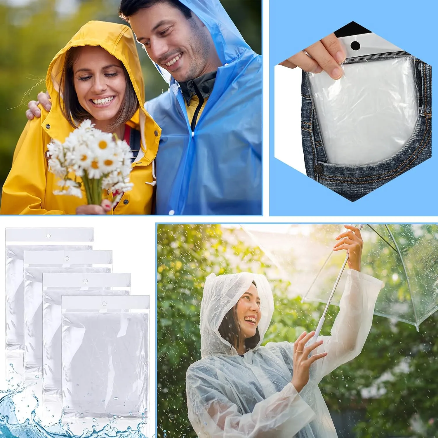 Handepo 100 Pack of Adult Rain Ponchos with Hood Disposable Plastic Rain Ponchos Bulk Emergency Raincoat for Men Women Adult