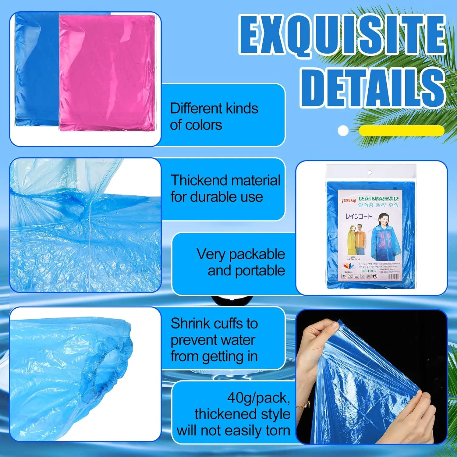 Handepo 100 Pack of Adult Rain Ponchos with Hood Disposable Plastic Rain Ponchos Bulk Emergency Raincoat for Men Women Adult