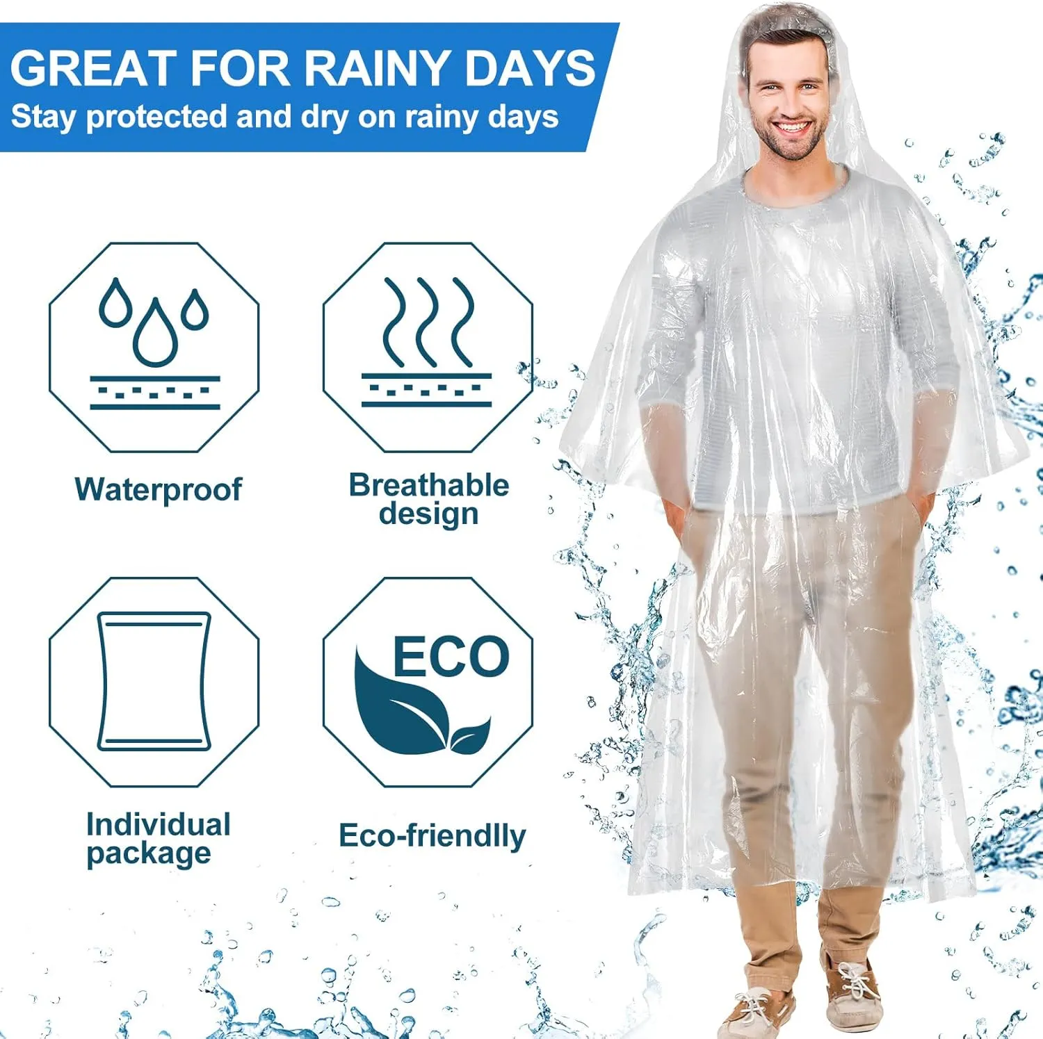 Handepo 100 Pack of Adult Rain Ponchos with Hood Disposable Plastic Rain Ponchos Bulk Emergency Raincoat for Men Women Adult