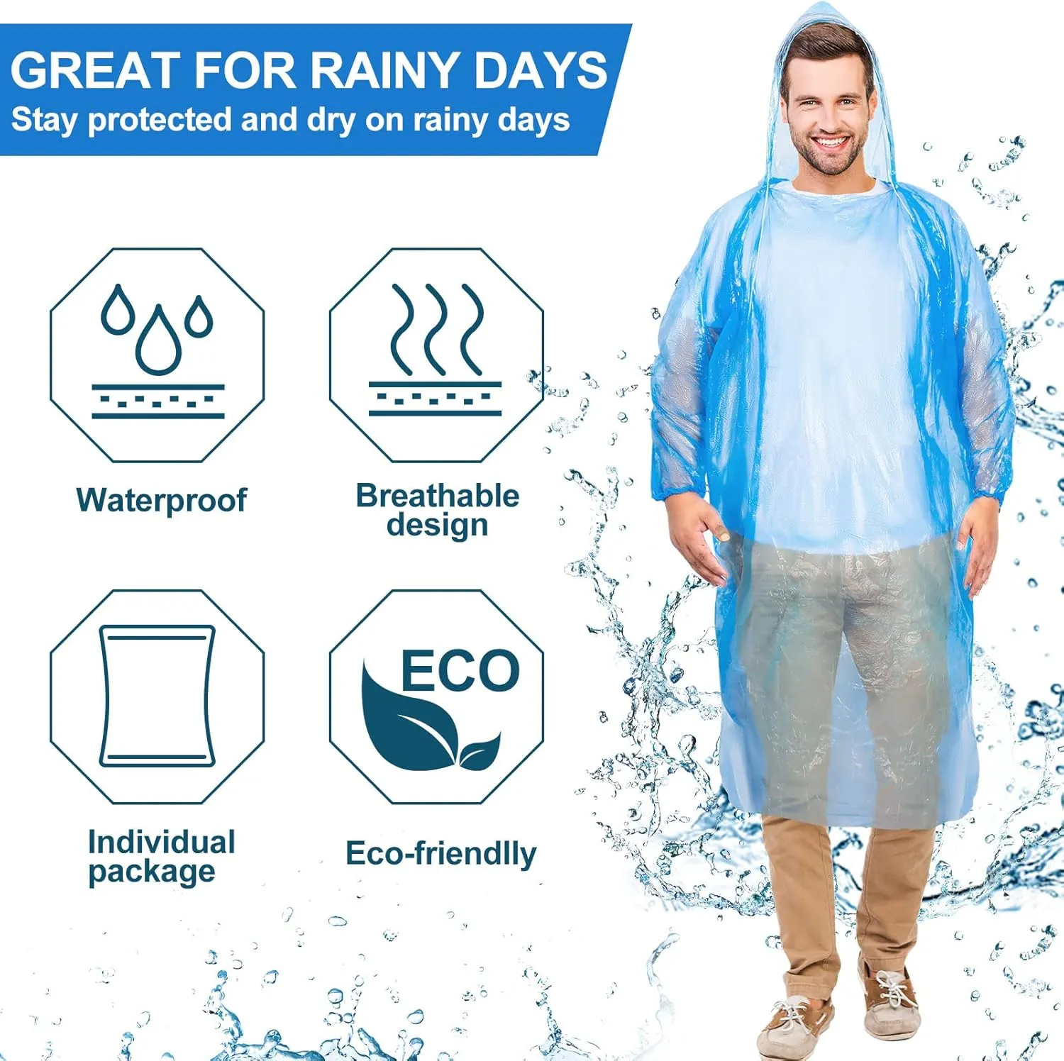 Handepo 100 Pack of Adult Rain Ponchos with Hood Disposable Plastic Rain Ponchos Bulk Emergency Raincoat for Men Women Adult