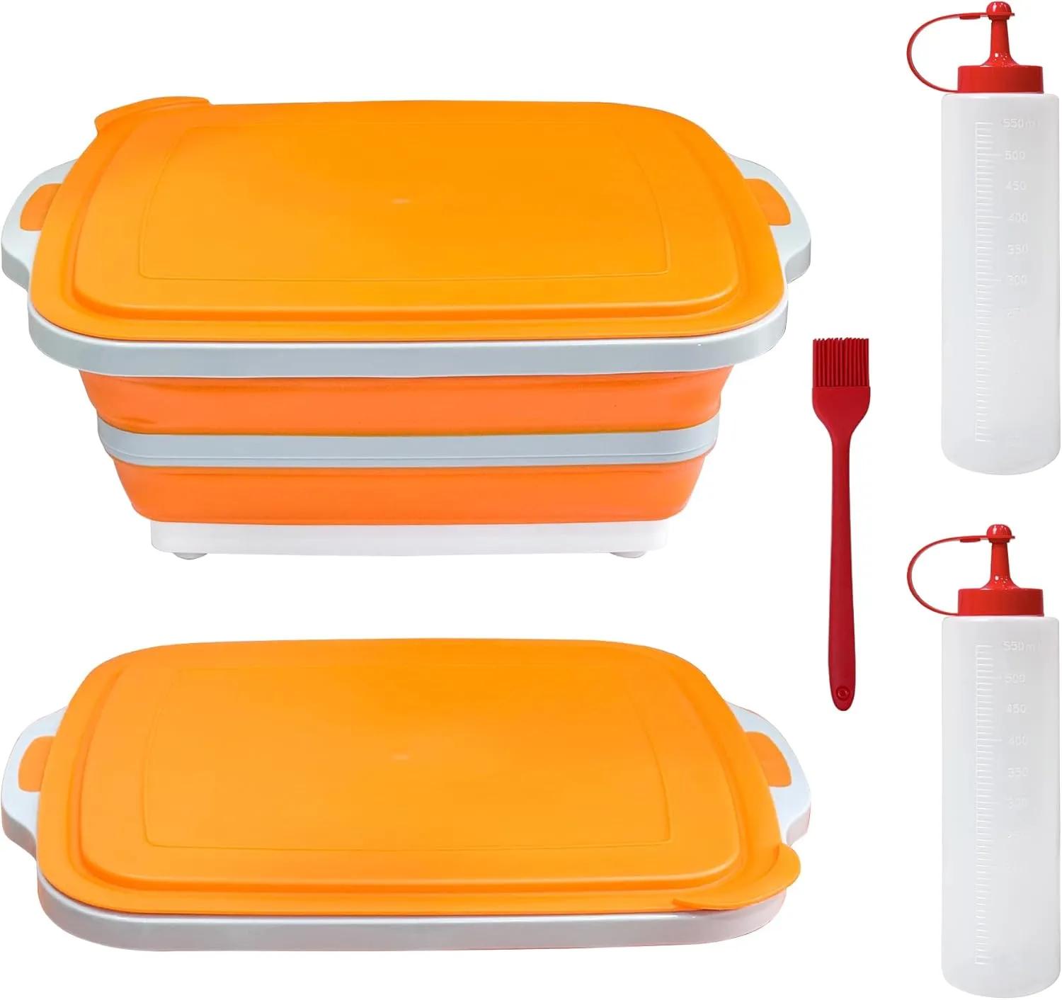 HANILUX- Collapsible BBQ Prep Tub with Lid, BBQ Prep Tub & Marinade Container, BBQ Tub-Multi Function Grill Caddy XL Tub with bbq cutting board, 2 Sauce Bottles &1 Cleaning Brush for Picnic-Camping-