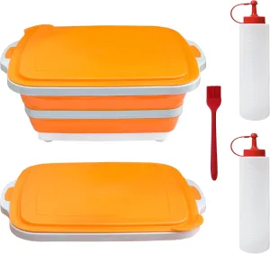 HANILUX- Collapsible BBQ Prep Tub with Lid, BBQ Prep Tub & Marinade Container, BBQ Tub-Multi Function Grill Caddy XL Tub with bbq cutting board, 2 Sauce Bottles &1 Cleaning Brush for Picnic-Camping-