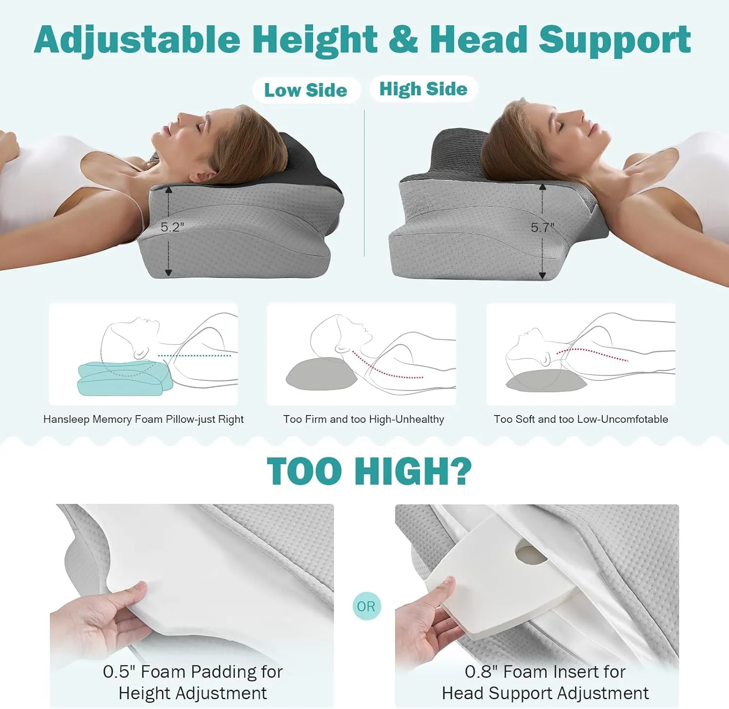 Hansleep 4.7/5.5" H Adjustable Cervical Pillow for Neck Pain, Ergonomic Memory Foam Neck Pillow for Sleeping with Pillowcase, Orthopedic Contour Neck Pillow for Side Back Stomach Sleeper, Grey
