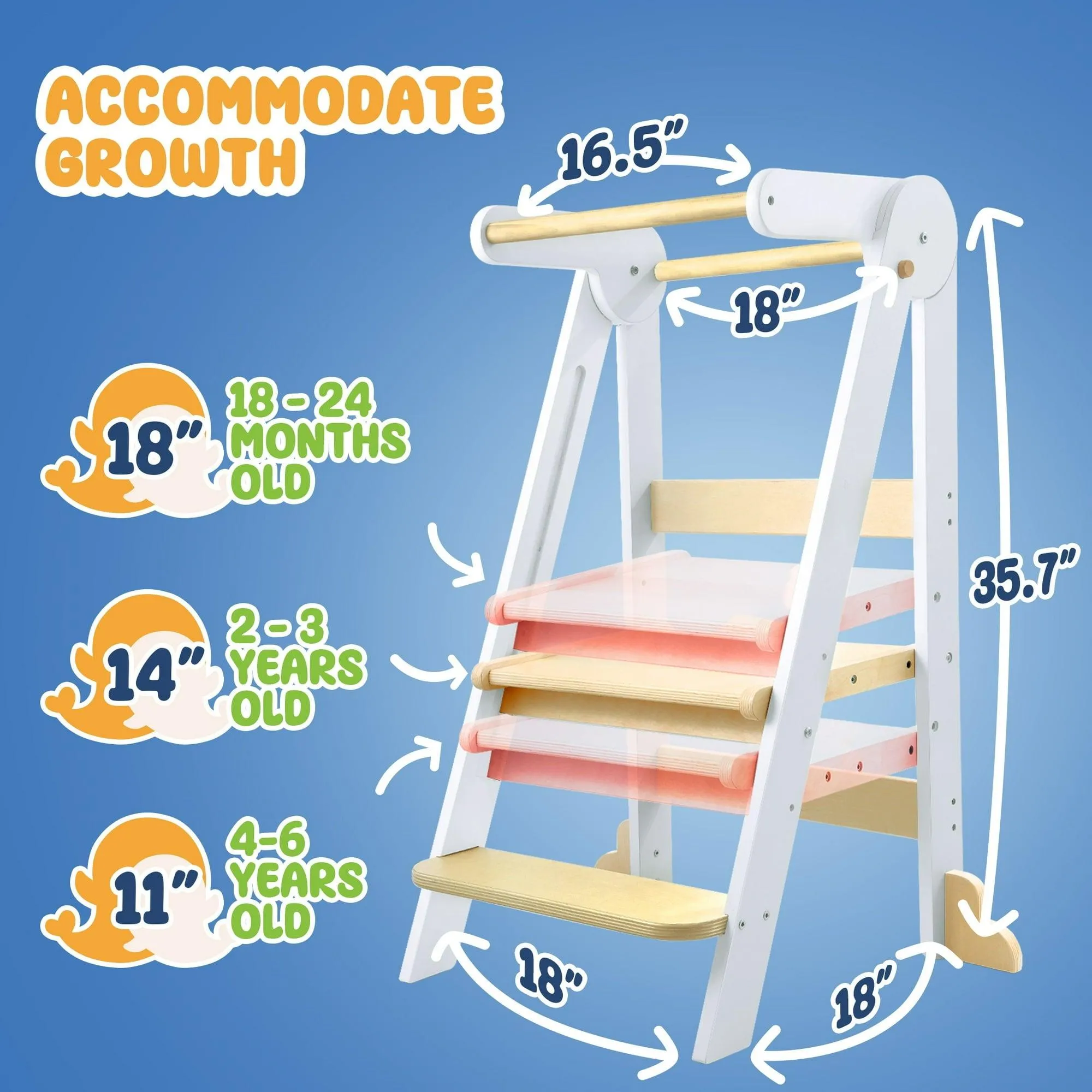 HARPPA Foldable Toddler Kitchen Tower, Standing Stools for Kids Age 1.5-6 Years, White