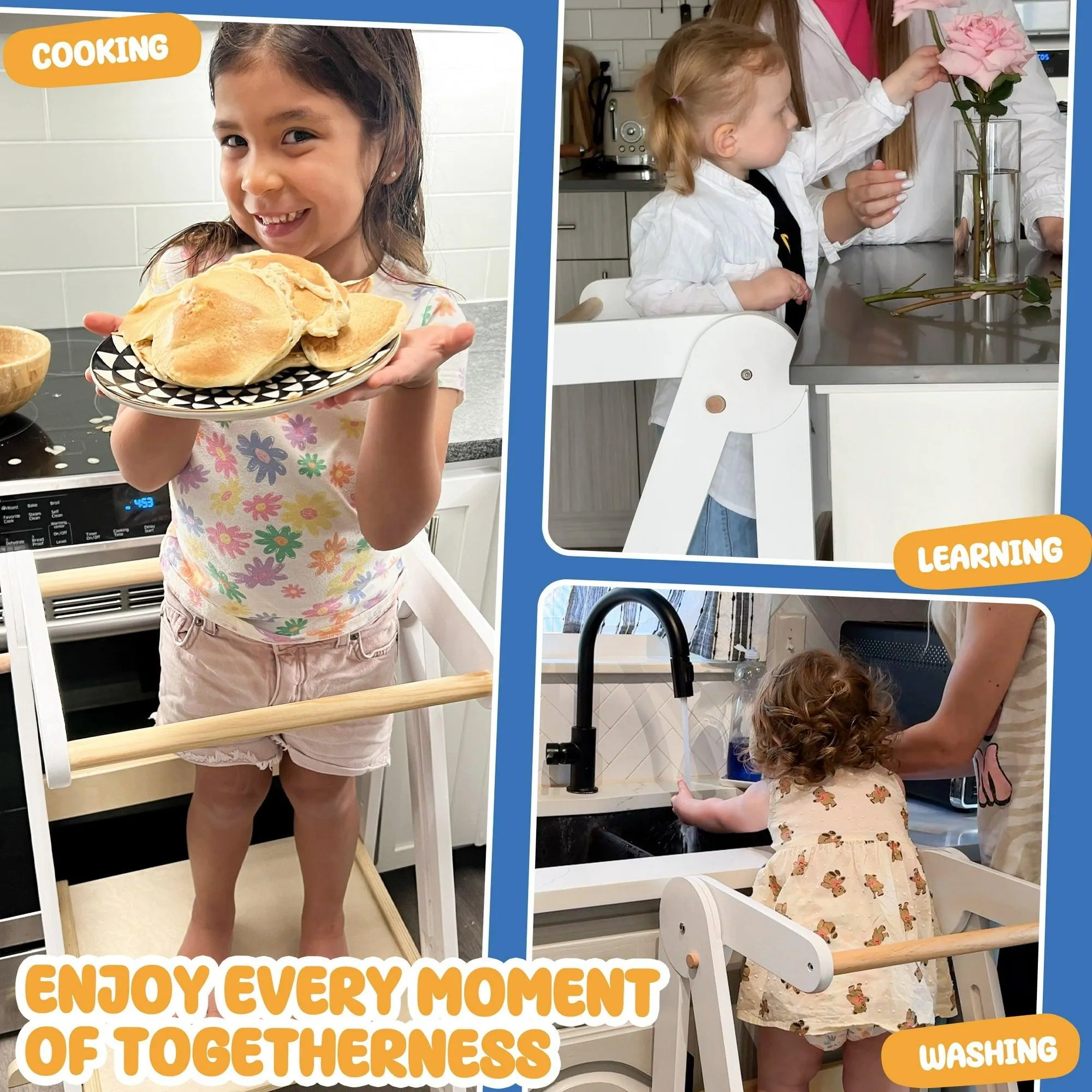 HARPPA Foldable Toddler Kitchen Tower, Standing Stools for Kids Age 1.5-6 Years, White