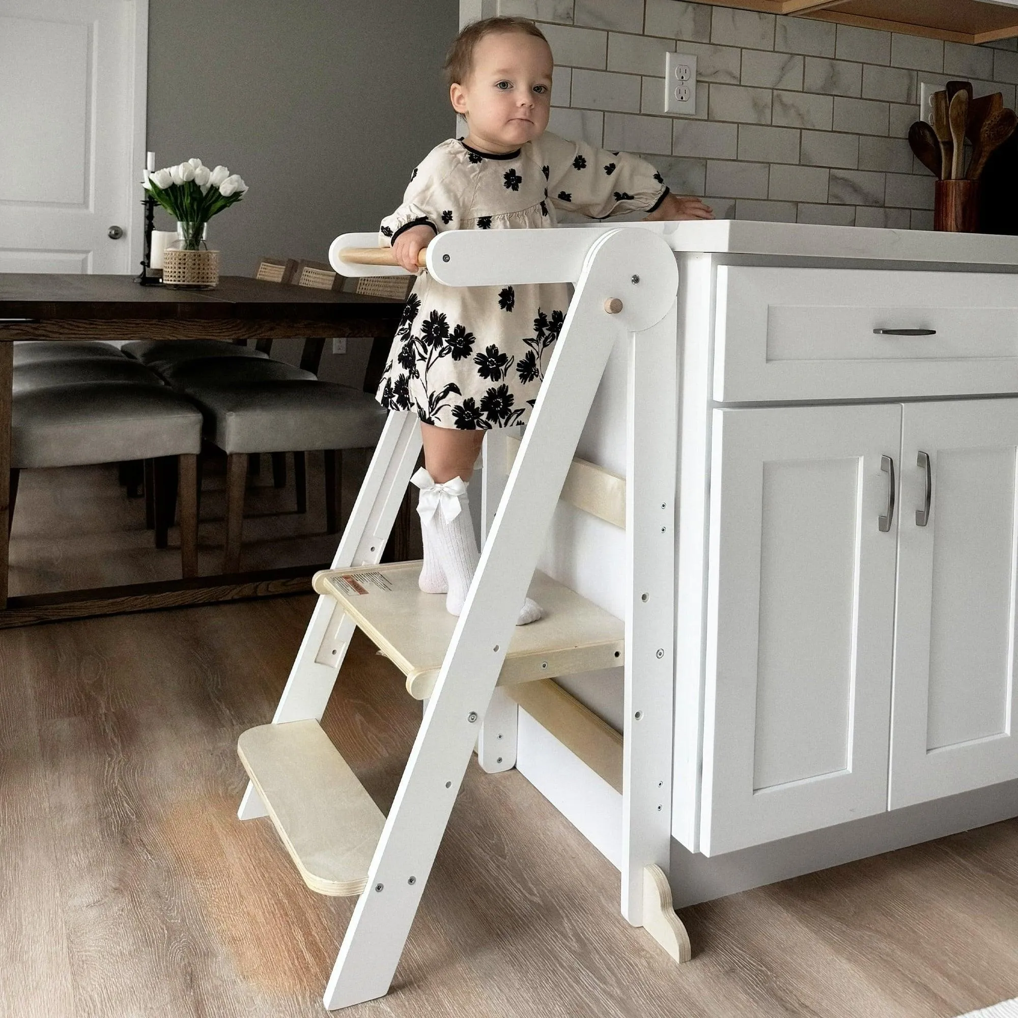 HARPPA Foldable Toddler Kitchen Tower, Standing Stools for Kids Age 1.5-6 Years, White