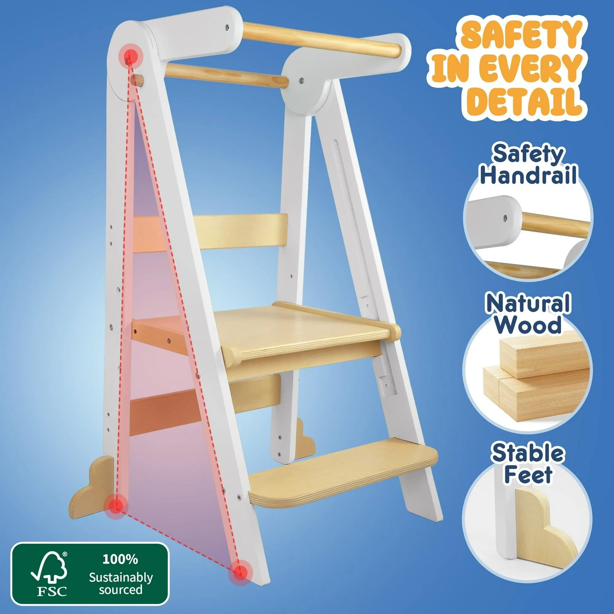HARPPA Foldable Toddler Kitchen Tower, Standing Stools for Kids Age 1.5-6 Years, White