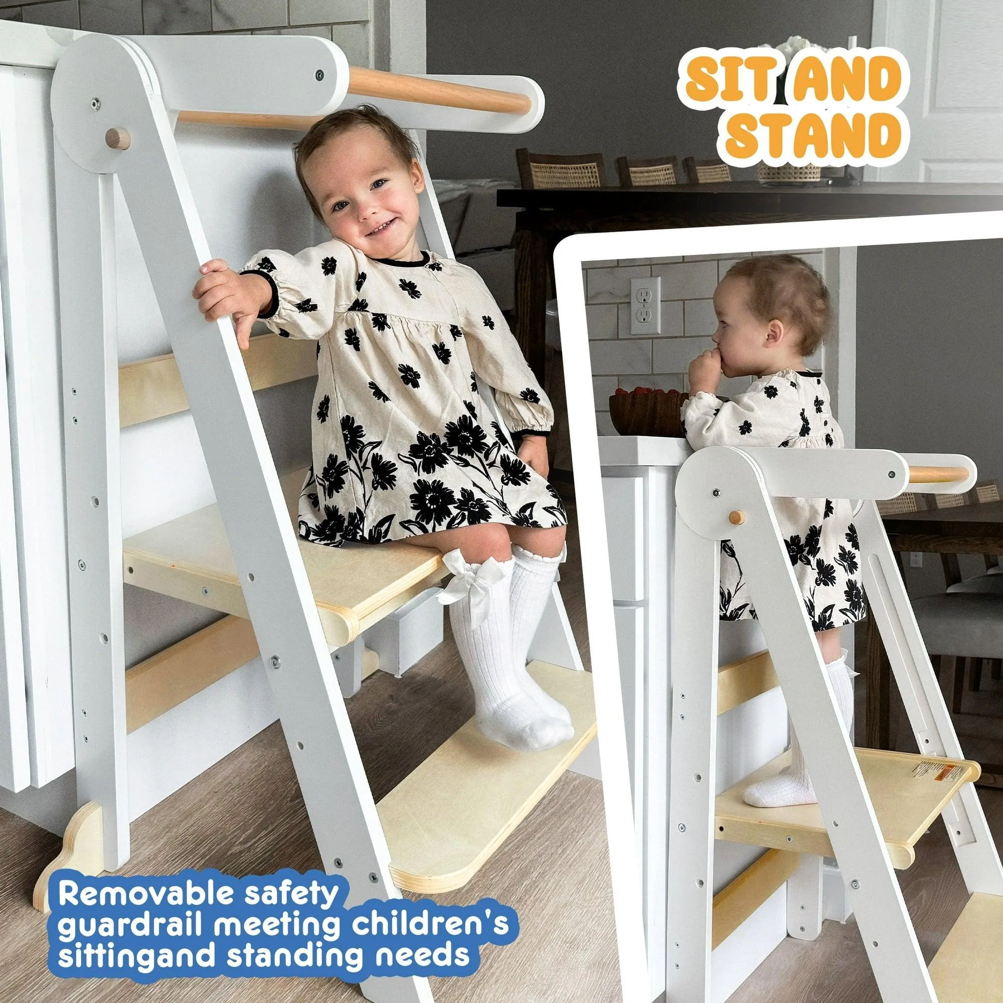 HARPPA Foldable Toddler Kitchen Tower, Standing Stools for Kids Age 1.5-6 Years, White