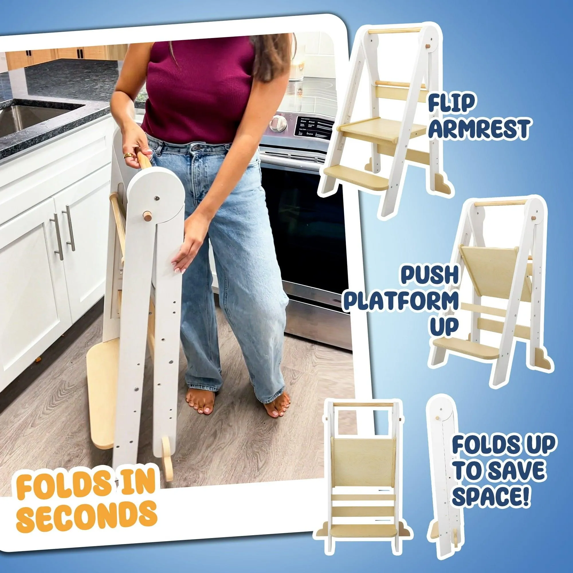 HARPPA Foldable Toddler Kitchen Tower, Standing Stools for Kids Age 1.5-6 Years, White