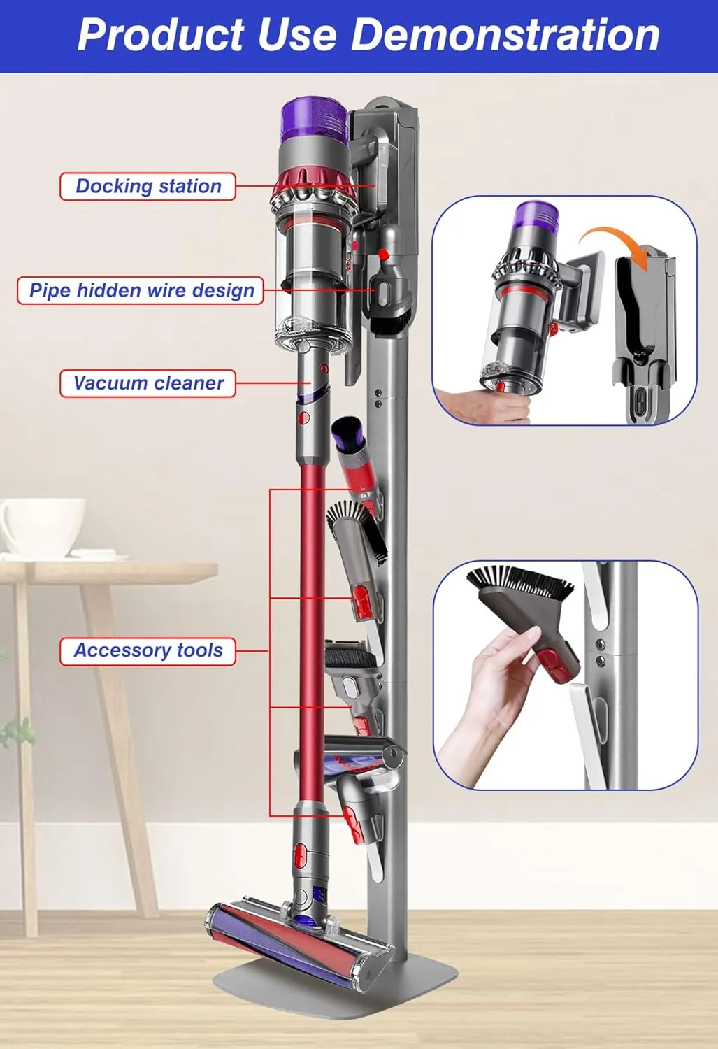 Haturi Vacuum Stand for Dyson Gen5 V15 V12 V11 V10 V8 V7 V6, Heavy-Duty Metal Bracket Organizer with 4 Accessory Hooks, Hidden Cord Management & Space-Saving Design for Cordless Handheld Vacuums