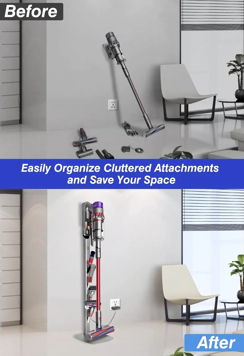 Haturi Vacuum Stand for Dyson Gen5 V15 V12 V11 V10 V8 V7 V6, Heavy-Duty Metal Bracket Organizer with 4 Accessory Hooks, Hidden Cord Management & Space-Saving Design for Cordless Handheld Vacuums