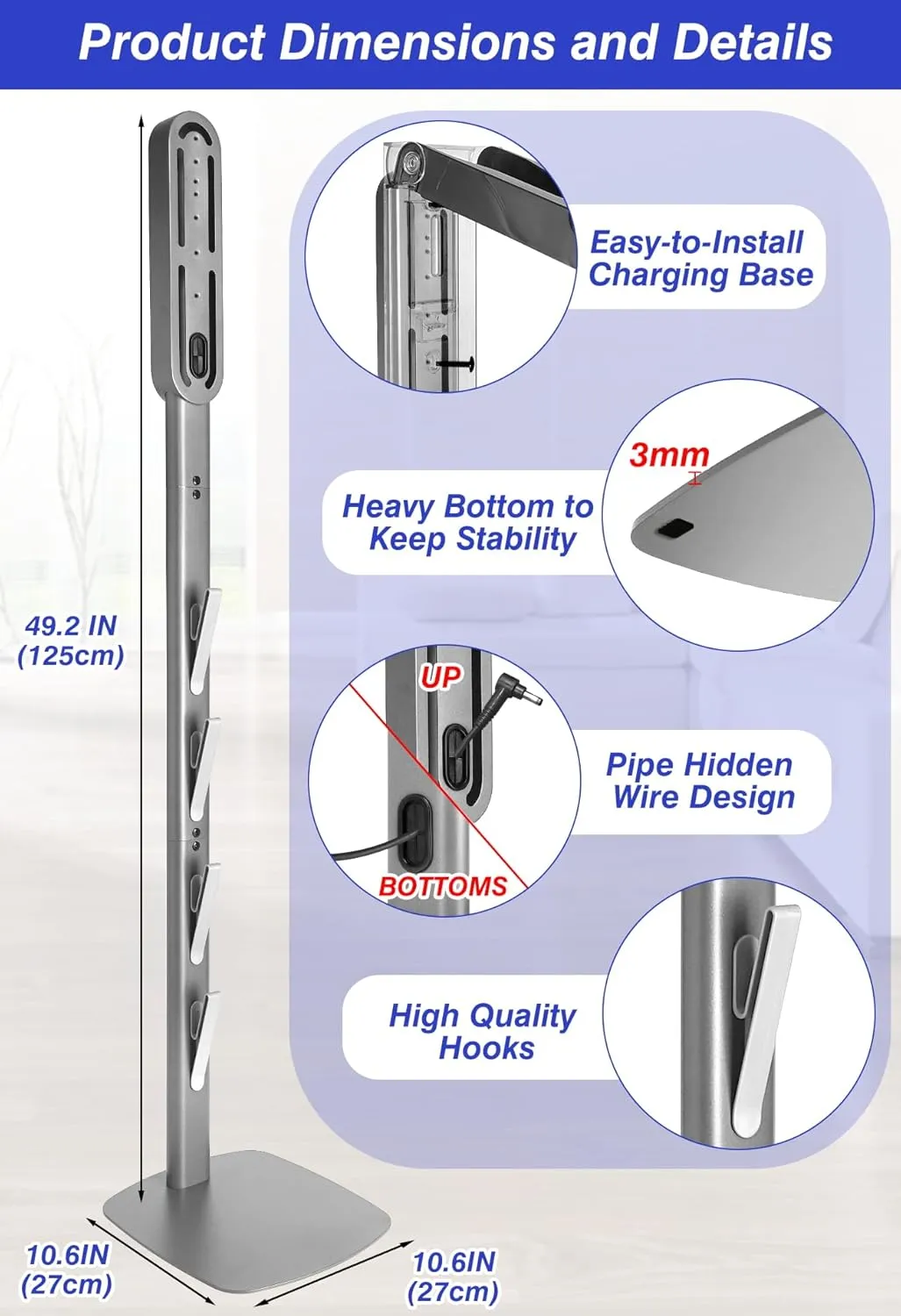 Haturi Vacuum Stand for Dyson Gen5 V15 V12 V11 V10 V8 V7 V6, Heavy-Duty Metal Bracket Organizer with 4 Accessory Hooks, Hidden Cord Management & Space-Saving Design for Cordless Handheld Vacuums