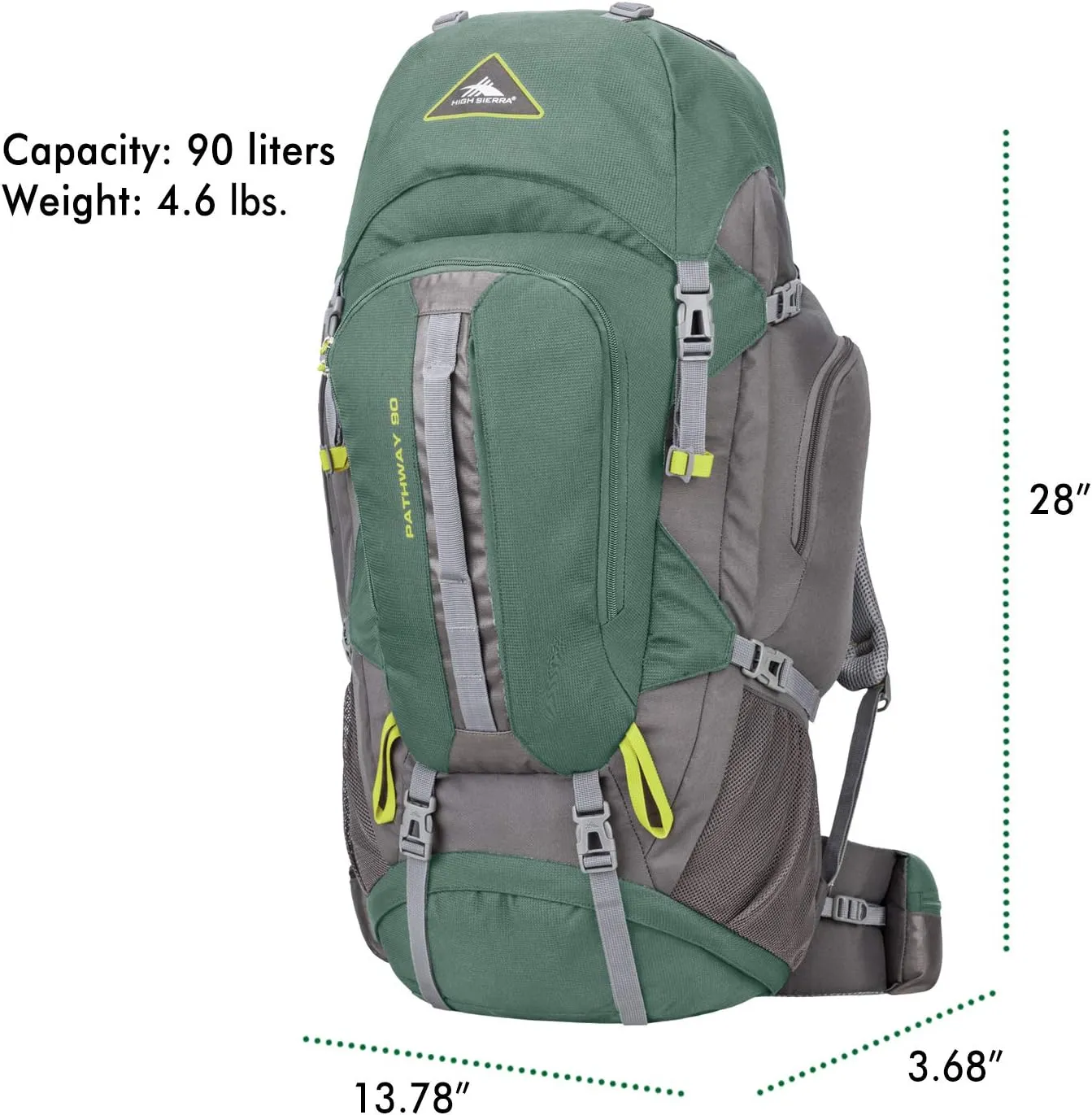 High Sierra Pathway Internal Frame Hiking Backpack, Pine/Slate/Chartreuse, 90L