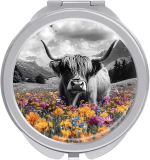 Highland Cow with Mountain Compact Mini Mirror Double-Sided Pocket Makeup Mirrors Ultra Portable for Purses and Travel