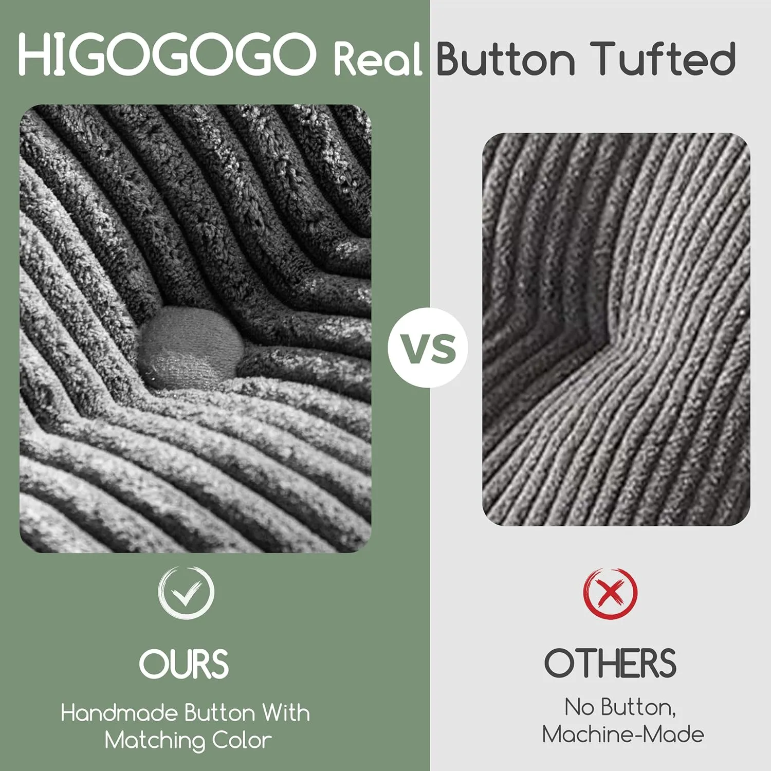 HIGOGOGO D-Shaped Home Chair Pad Cushion with Tufted Corduroy Cover, 2.5 Inch Thick Supportive Cushion, Overstuffed Chair Cushion, Set of 2, Dark Grey