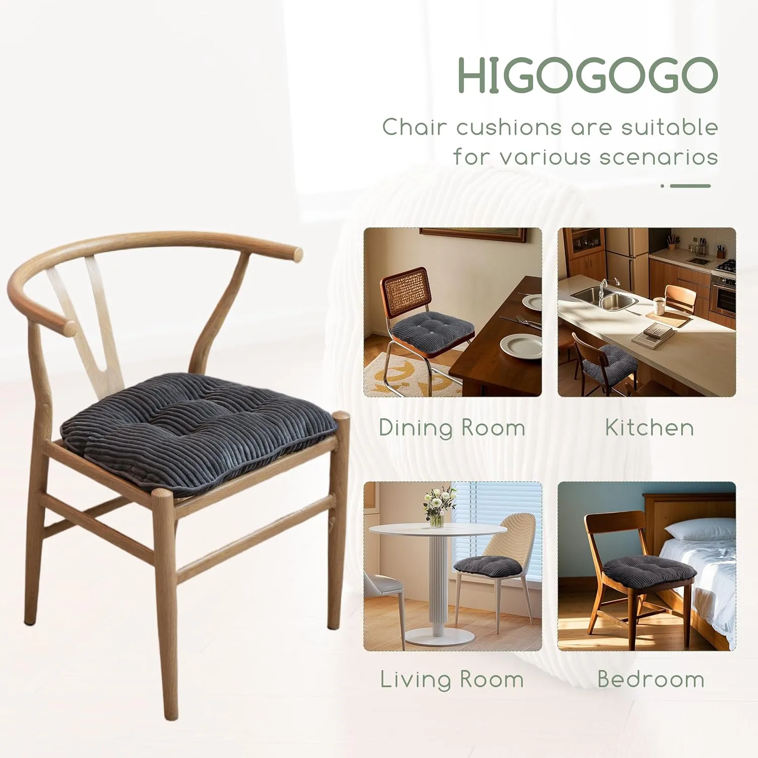 HIGOGOGO D-Shaped Home Chair Pad Cushion with Tufted Corduroy Cover, 2.5 Inch Thick Supportive Cushion, Overstuffed Chair Cushion, Set of 2, Dark Grey