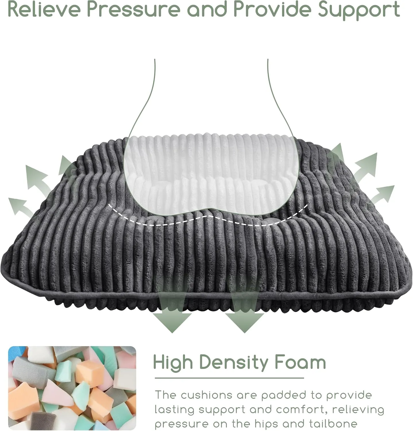 HIGOGOGO D-Shaped Home Chair Pad Cushion with Tufted Corduroy Cover, 2.5 Inch Thick Supportive Cushion, Overstuffed Chair Cushion, Set of 2, Dark Grey