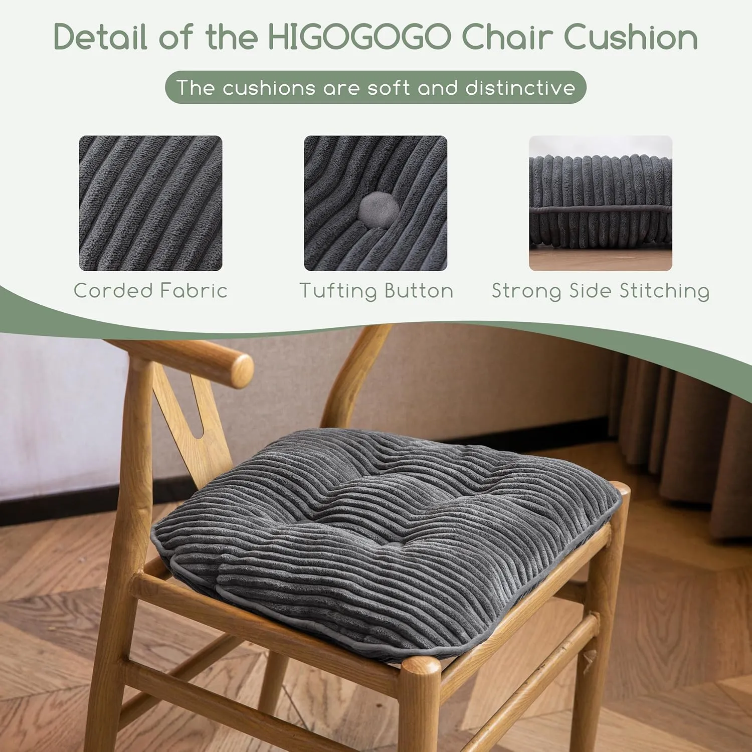 HIGOGOGO D-Shaped Home Chair Pad Cushion with Tufted Corduroy Cover, 2.5 Inch Thick Supportive Cushion, Overstuffed Chair Cushion, Set of 2, Dark Grey
