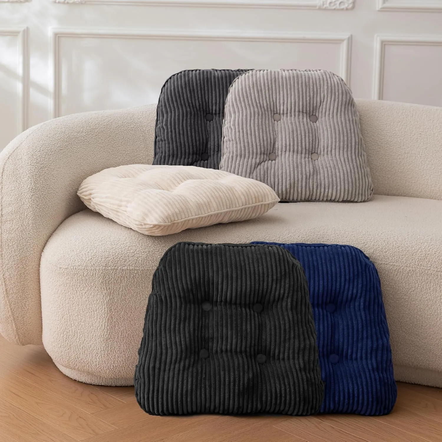 HIGOGOGO D-Shaped Home Chair Pad Cushion with Tufted Corduroy Cover, 2.5 Inch Thick Supportive Cushion, Overstuffed Chair Cushion, Set of 2, Dark Grey