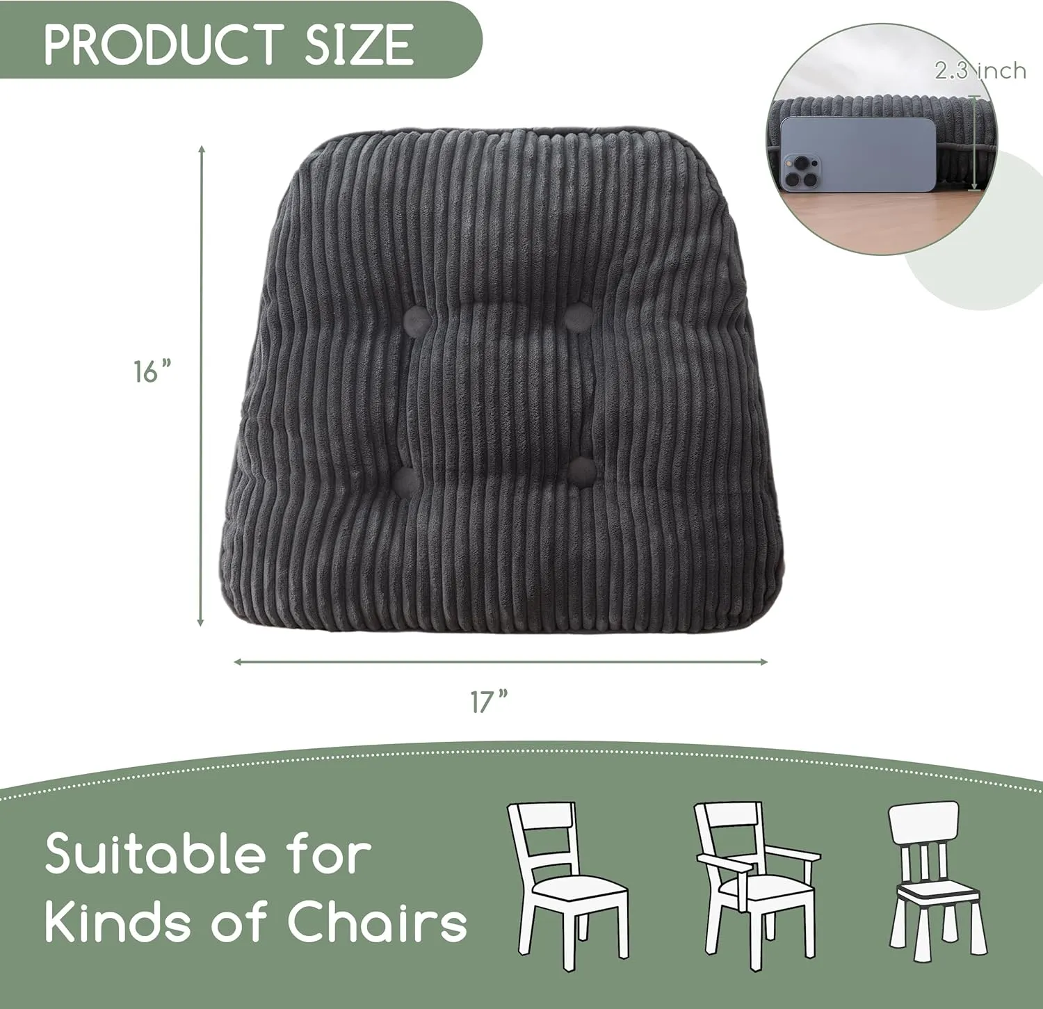 HIGOGOGO D-Shaped Home Chair Pad Cushion with Tufted Corduroy Cover, 2.5 Inch Thick Supportive Cushion, Overstuffed Chair Cushion, Set of 2, Dark Grey