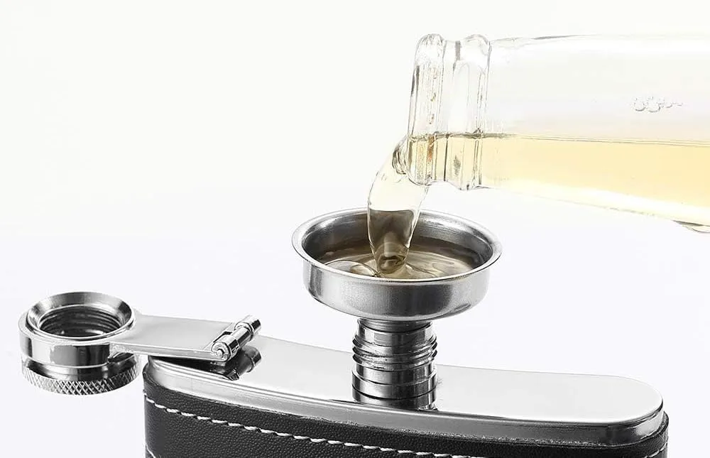 Hip Flask Gift Set Black Leather Cover - 8 Oz Flasks for liquor 304 Stainless quality, Pocket Engraved Wine Drink Pot Alcohol flagon metal whiskey flask Father's Day Men's Gift (8oz black w/pen)